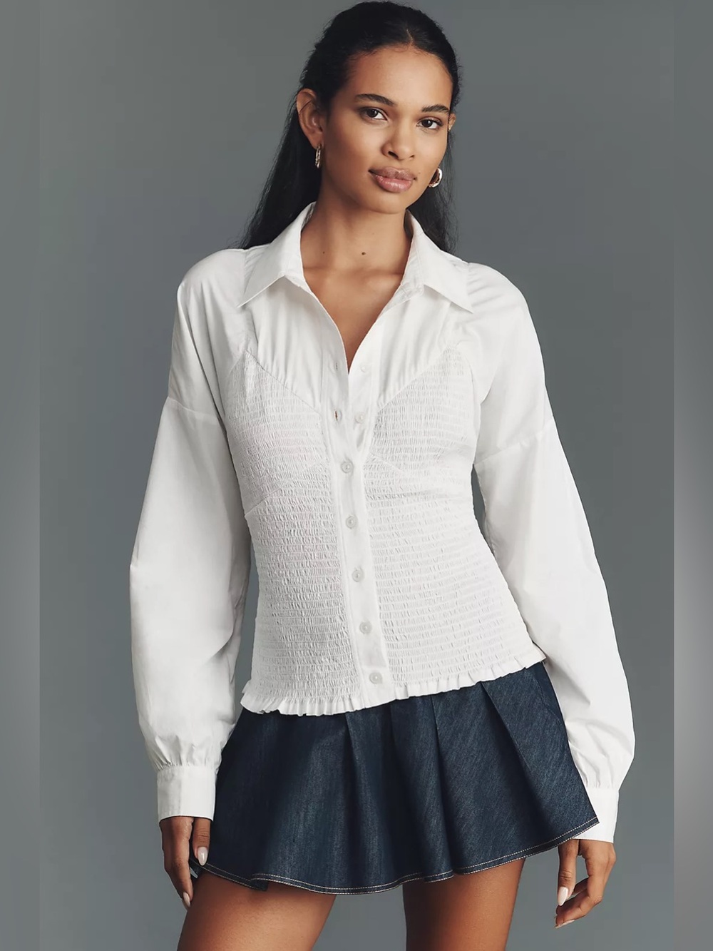 Maeve Smocked Corset Buttondown Shirt, Size M
